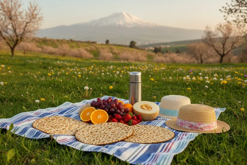 Picnic blanket on spring grass with round matzot, fruit, a thermos and children's sun hats, a snowy mountain far away