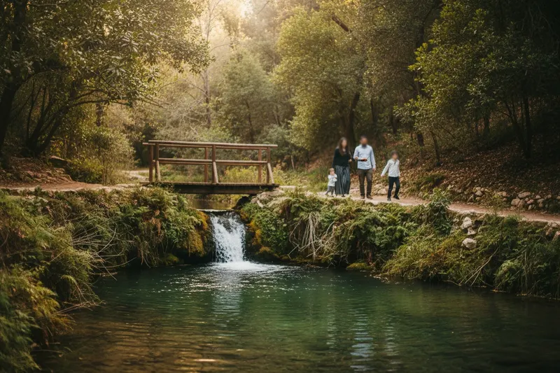Small waterfall into a clear green pool, a wooden footbridge and trail beside it, a family walking far away